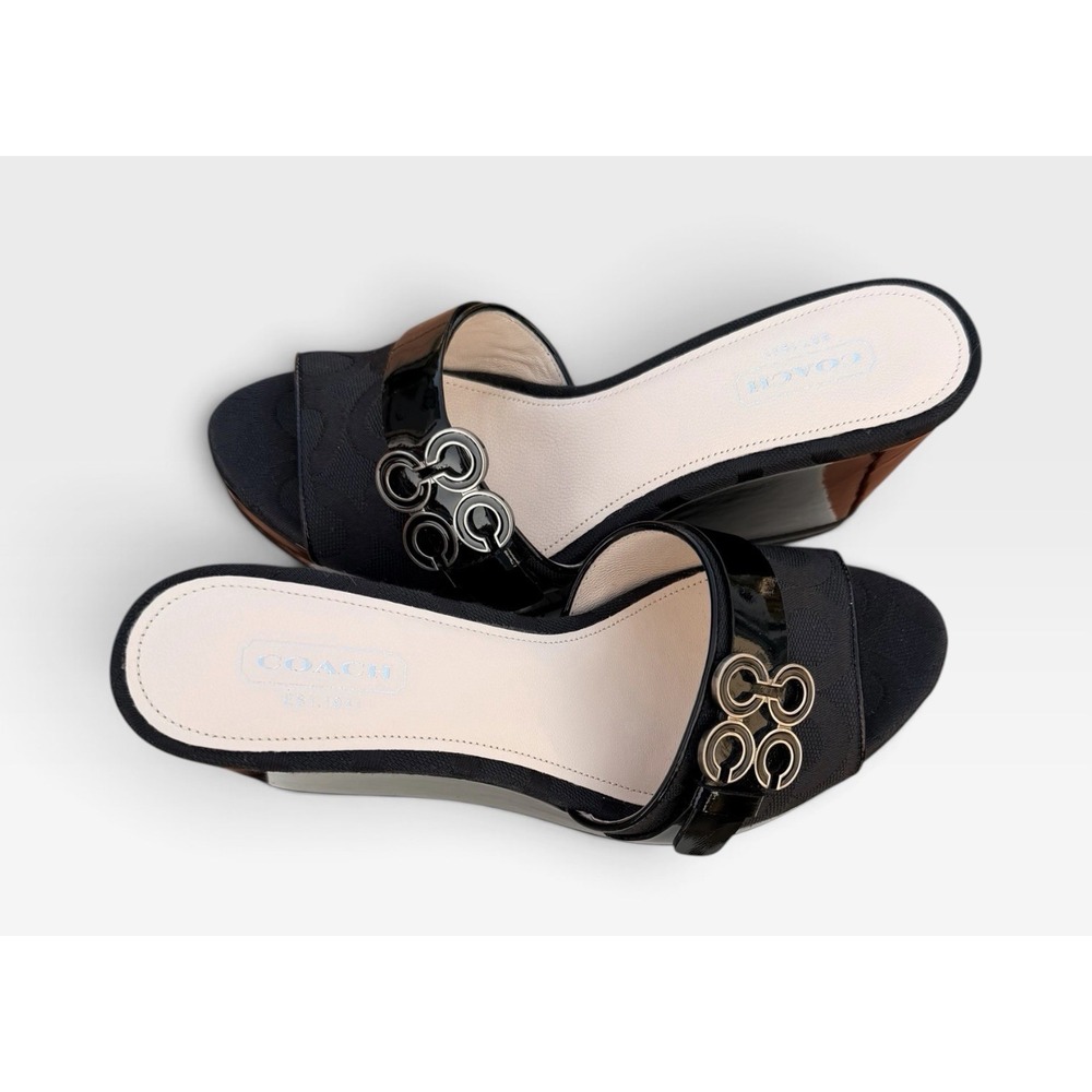 Coach Geri Wedge Black Sandals Signature Canvas, Patent Leather NIB Size 5.5 Y2K